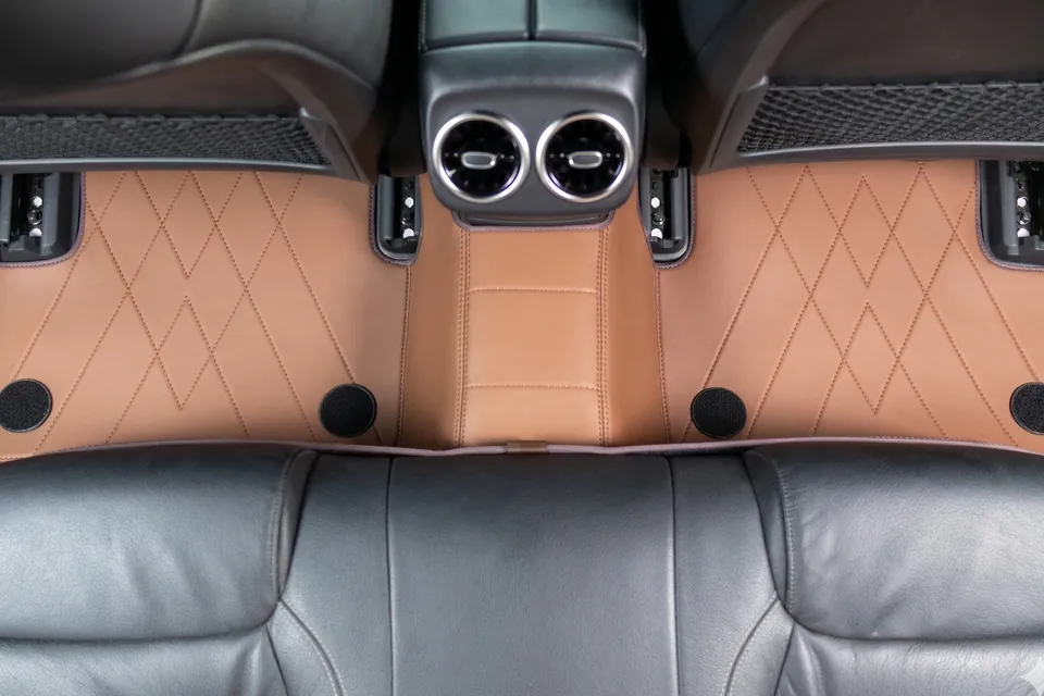Pure Geometric V car mat in Warm Almond Brown, Mercedes-Benz A-Class, rear footwell from above